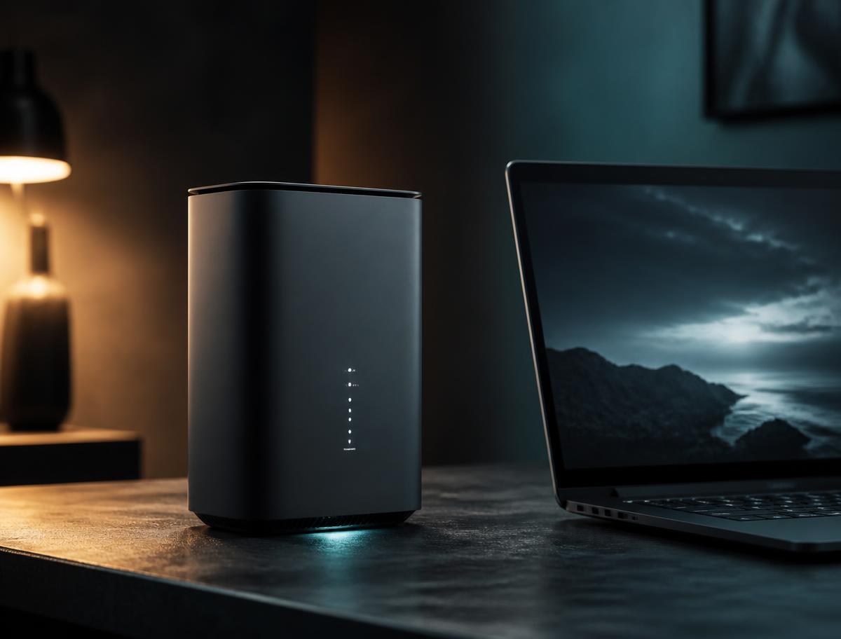 5G mobile broadband router beside a laptop