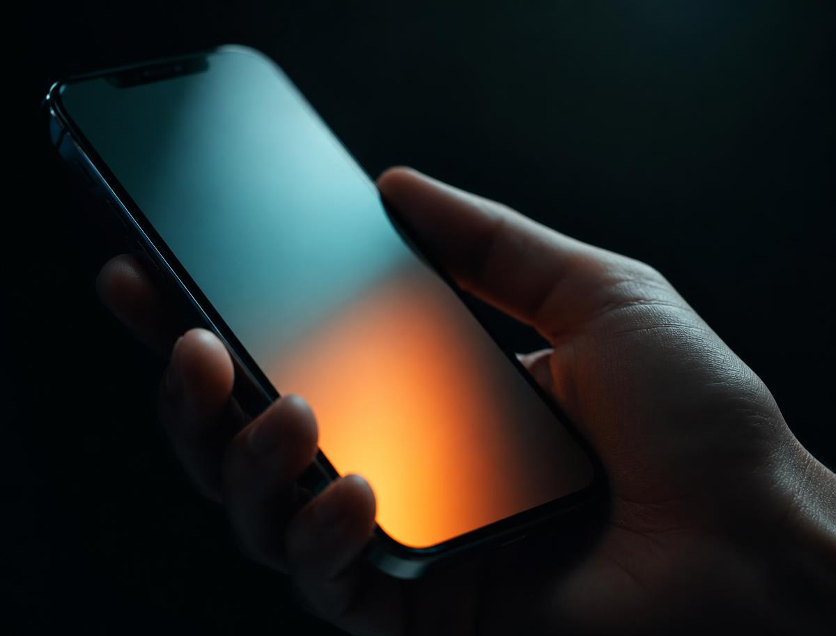 Hand holding a smartphone lit by a colour gradient